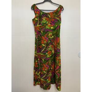 VTG 60s 70s Hawaiian Dress Medium Floral Sleeveless Train Detail Bright Bold EUC